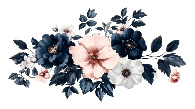 Floral arrangement with roses and leaves on dark background, cut out transparent png