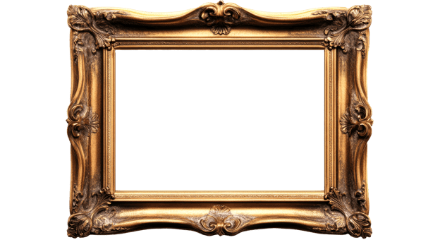 Ornate golden picture frame, antique style, carved details, cut out transparent png