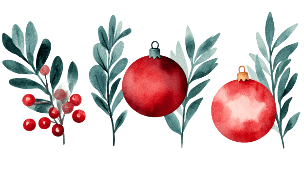 Christmas ornaments watercolor and branches, holiday decoration, cut out transparent png