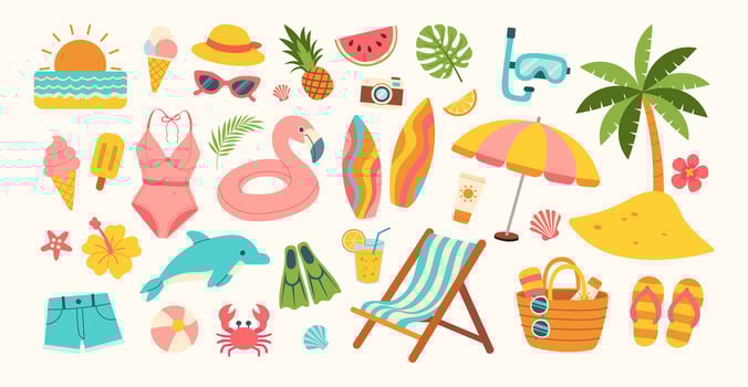 A collection of beach items including a swimsuit, a hat, a camera, a surfboard, a beach umbrella, and a pair of flip flops vector