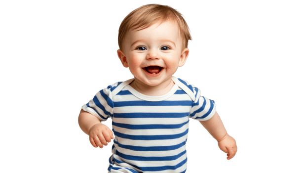 Happy infant in striped bodysuit laughs, cheerful joy, cut out transparent png