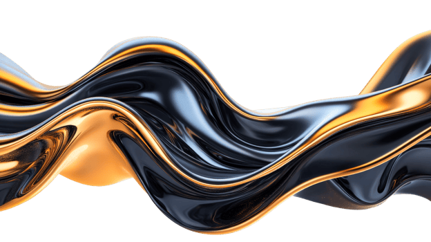 Wavy abstract design with golden and black flow, cut out transparent png