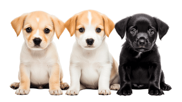 Three diverse puppies sitting together, looking at camera, cut out transparent png