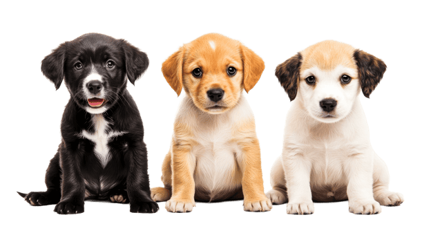 Three adorable puppies sitting next to each other, isolated, cut out transparent png