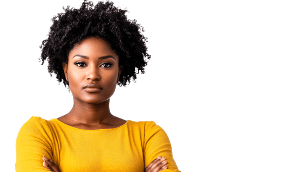 Confident Afro woman with arms crossed, elegant look, cut out transparent png