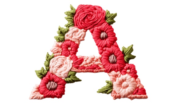 Floral letter A in embroidery style, isolated, cut out transparent png