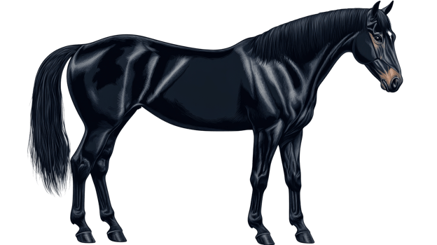 Elegant black horse illustration with glossy coat and white tail, cut out transparent png