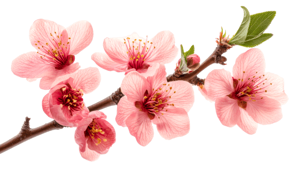 Branch of peach blossoms with pink flowers, leaves, bud, cut out transparent png