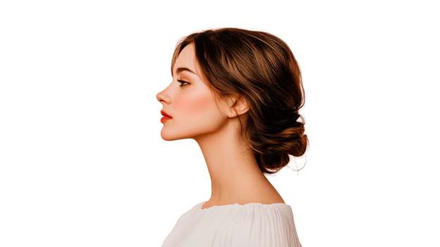 Woman with hair up profile portrait on black, cut out transparent png