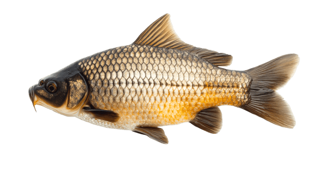 Crucian carp, golden fish with scales and fins, animal portrait, cut out transparent png