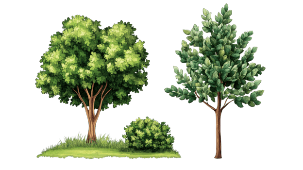 Lush Trees with Bush, Grassy Patch Illustration, cut out transparent png