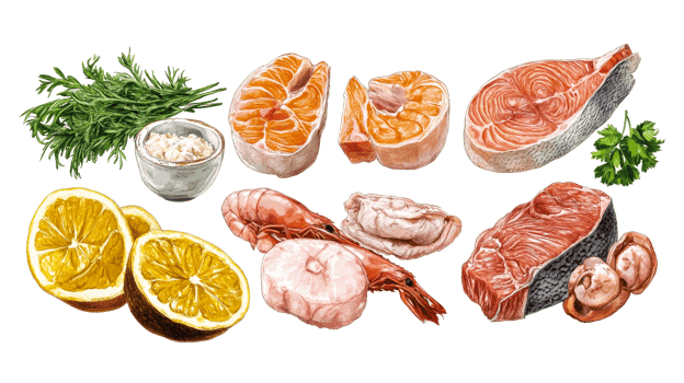 Seafood mix illustration with fish,shrimps, lemon, herbs,cut out transparent png