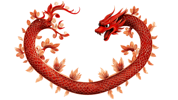 Red Chinese Dragon Symbol in Circle Shape with Leaves, cut out transparent png