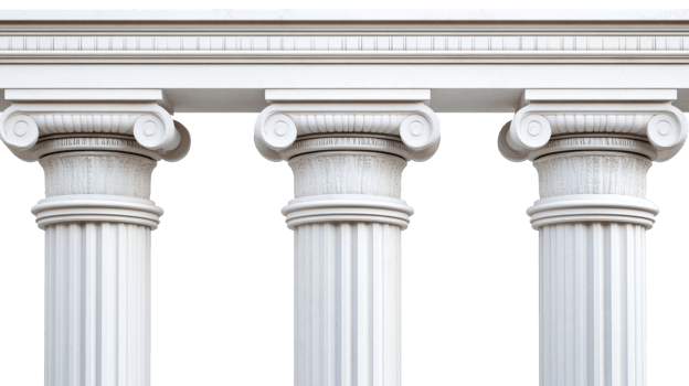 Three white columns, architecture detail, decoration facade, cut out transparent png