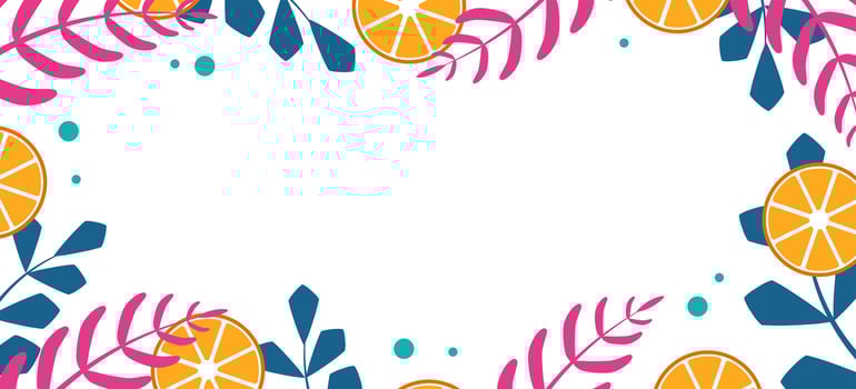 Frame with oranges and palm leaves on a white background. Banner, postcard vector
