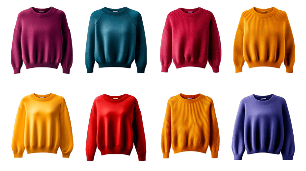Assorted knitted sweaters on a black background for fashion apparel, cut out transparent png