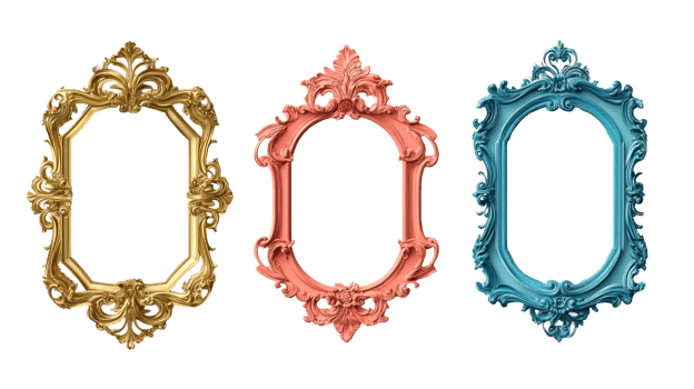 Ornate frames collection in different colors, cut out transparent png
