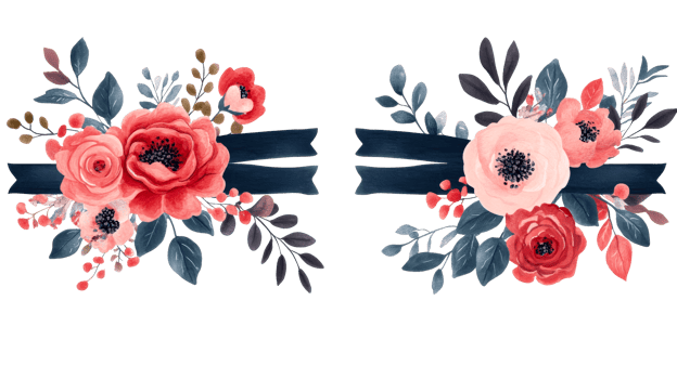 Two floral arrangements with ribbon, watercolor style, isolated, cut out transparent png
