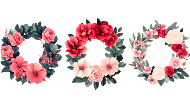 Elegant flower wreaths on black, floral decoration, cut out transparent png