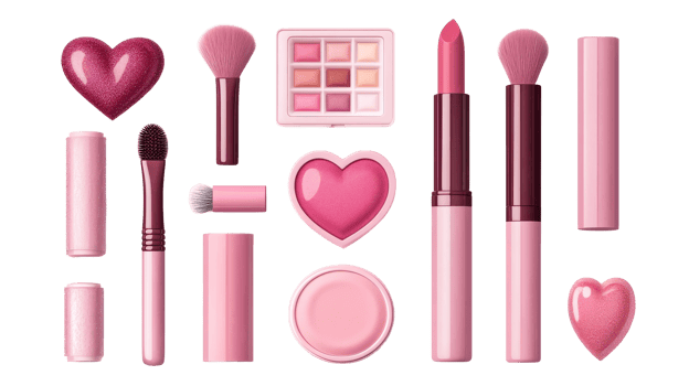 Pink makeup brushes, lipstick, palette, blush collection, cut out transparent png