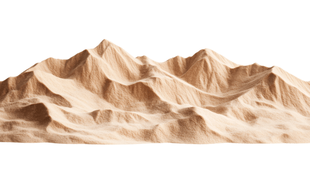Sandy mountain range against black backdrop, detailed peaks, cut out transparent png