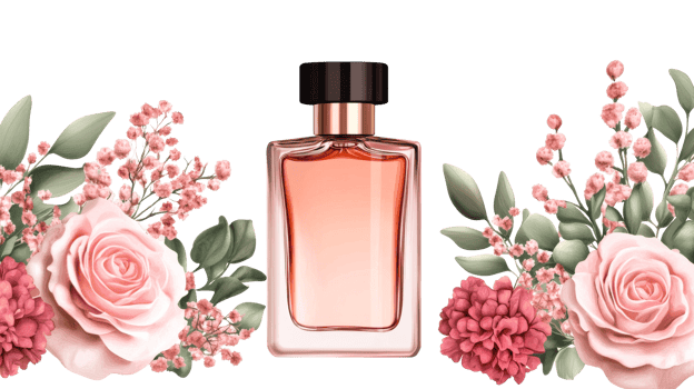 Perfume bottle with pink roses and greenery on black background, cut out transparent png