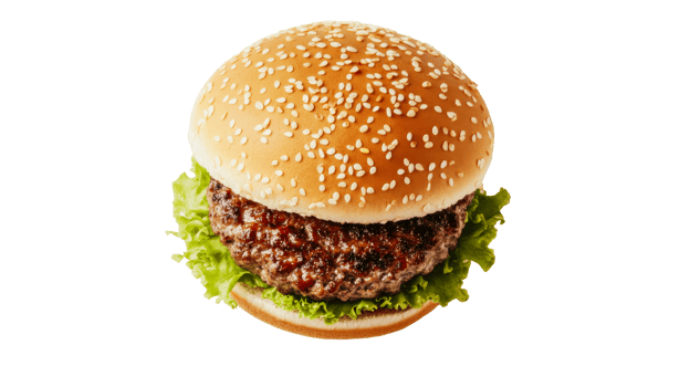 Juicy burger with sesame bun, lettuce, and beef patty, cut out transparent png