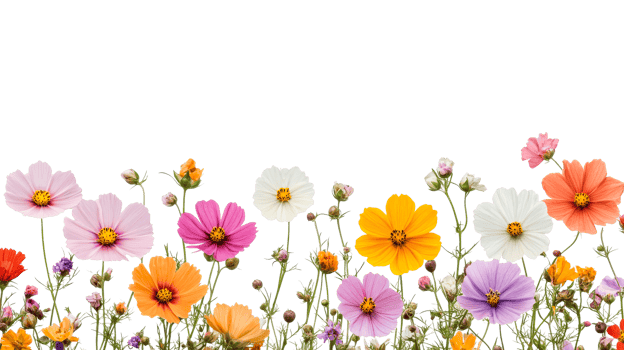 Colorful cosmos flowers with buds, various types and colors, cut out transparent png