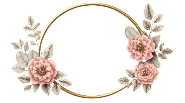Golden frame decorated with peach flowers and leaves, cut out transparent png
