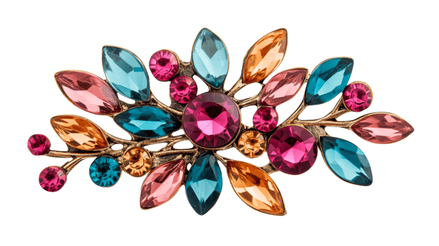 Sparkling Rhinestone Floral Brooch with Colorful Gems, cut out transparent png