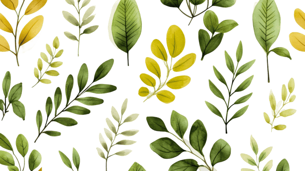 Botanical foliage pattern with green leaves on black background, cut out transparent png