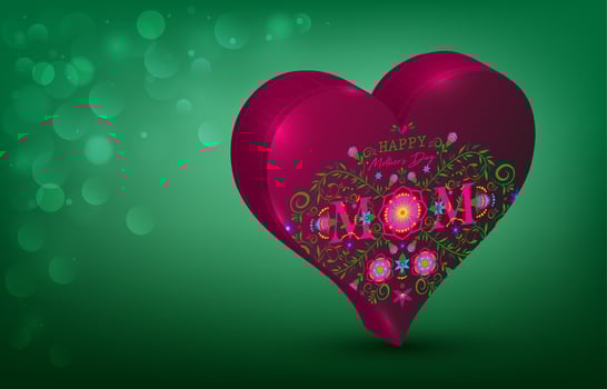3D Mother's day Heart shaped gift box with hand drawn embroidery of floral and flowers decoration, isolated on green background, soft bokeh effect and copy space for your text vector