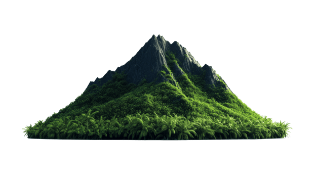Isolated mountain with lush tropical vegetation, cut out transparent png