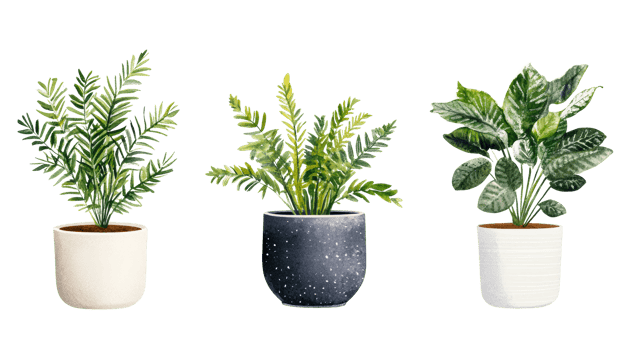 Potted tropical plants, indoor nature, green foliage, decor, cut out transparent png