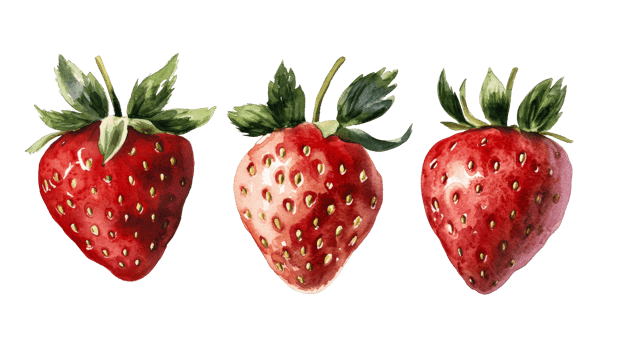 Three watercolor strawberries isolated on black background, cut out transparent png