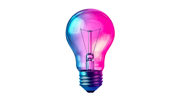 Glowing lightbulb in pink and blue colors on black background, cut out transparent png