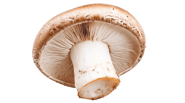 Portobello mushroom close-up underside view, raw fungus, isolated, cut out transparent png
