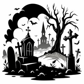 Eerie Graveyard with Bats and Gothic Church Silhouette on a Dark Night vector