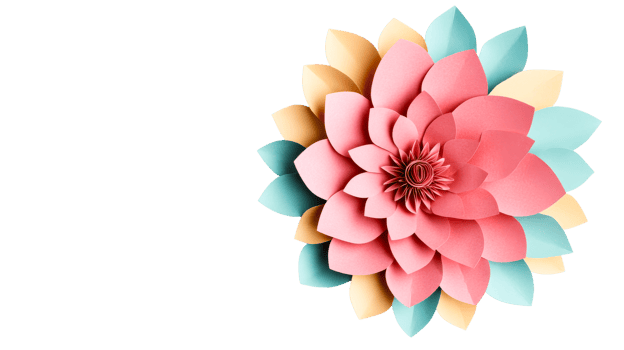 Paper flower with pink petals and turquoise-beige leaves, cut out transparent png
