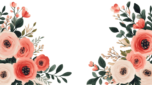 Floral design background with pink flowers and green leaves, cut out transparent png