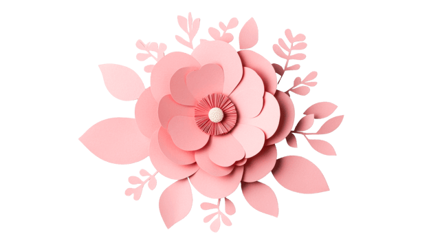 Paper flower blossom with leaves, pastel pink craft creation, cut out transparent png
