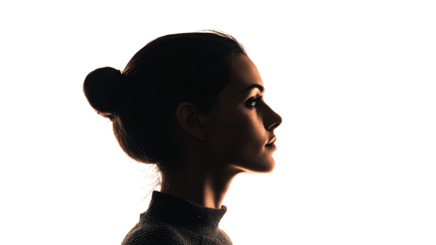 Profile of woman with a hair bun, illuminated on black background, cut out transparent png