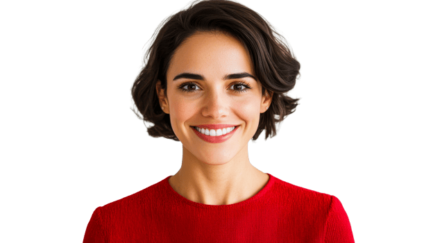 Smiling brunette woman in red shirt, close-up portrait, cut out transparent png