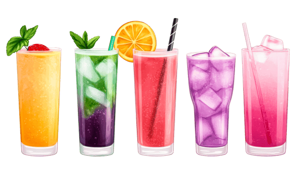 Refreshing colorful drinks assortment with ice, cut out transparent png