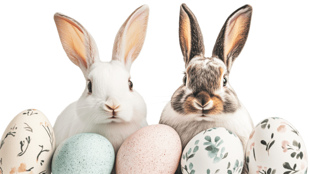 Two bunnies and colorful Easter eggs, festive banner, cut out transparent png