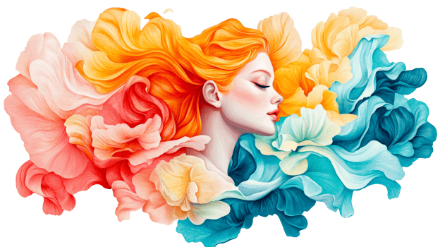 Woman face profile with colorful flowers around head, cut out transparent png