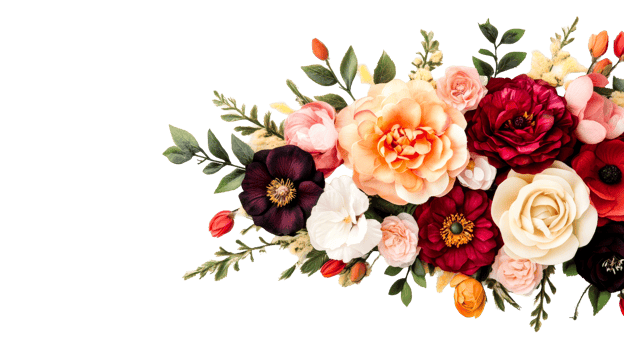 Floral arrangement with roses and anemones on black background, cut out transparent png