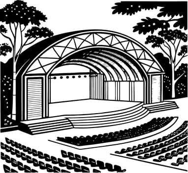 Outdoor Amphitheater Stage Design Surrounded by Lush Trees for Concerts and Performances vector