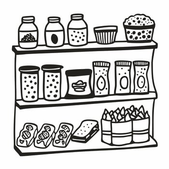 Hand Drawn Pantry Shelves with Jars, Snacks, and Muffins Charming Black and White Illustration vector