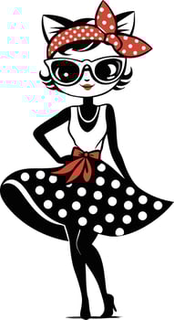 Vintage Fashion Girl with Cat Ears in Polka Dot Dress and Sunglasses for Retro Designs vector